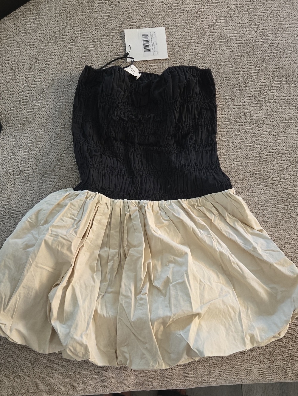 DISSH Black and Cream Strapless Ruched Bodice Dress